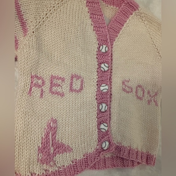 Handmade knitted Kids Pink and Cream Red Sox Cardigan 58 baseball - Picture 2 of 8